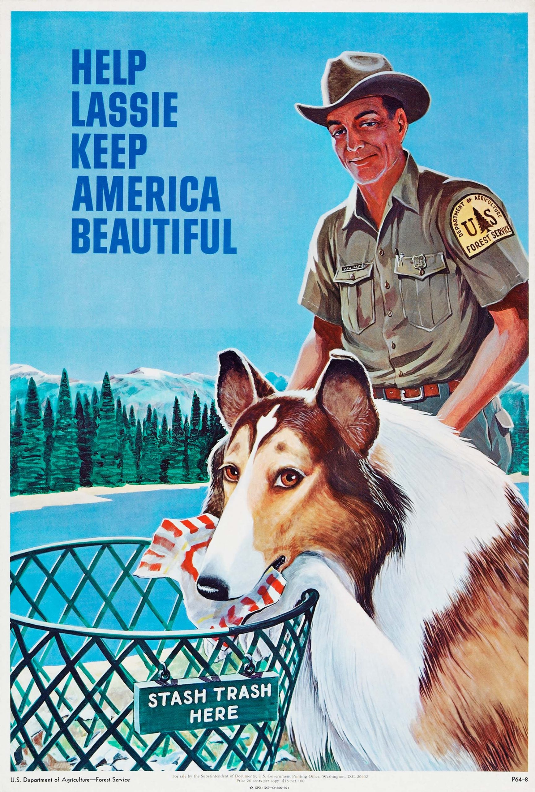 Help Lassie Keep America Beautiful history image - Lassie picking litter out of a trash bin